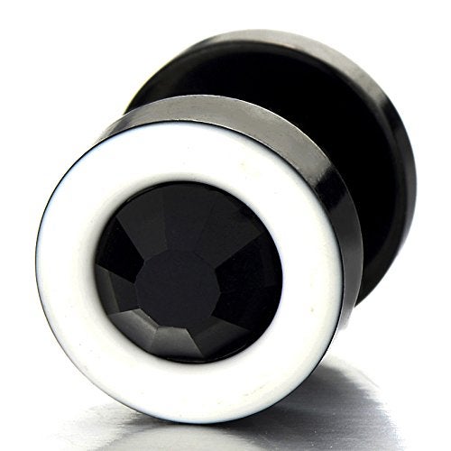 COOLSTEELANDBEYOND Mens Womens White Black Stud Earrings Steel Illusion Tunnel Plug Screw Back with 6MM Black Cubic Zirconia - Image 2