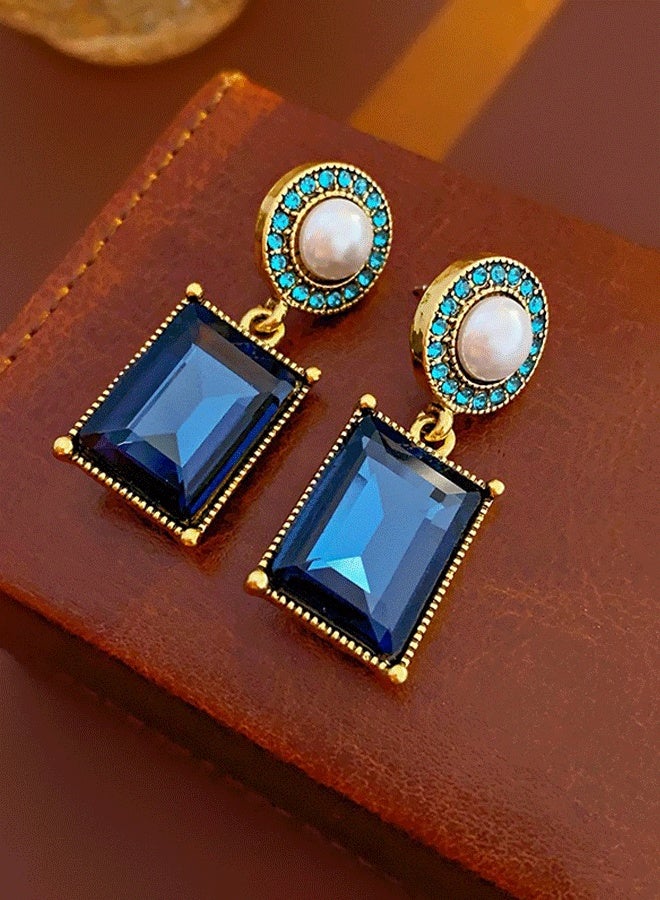 Gold Plated Blue Sapphire Zircon Pearl Drop Earrings for Women - Retro Palace Style Square Gem Ladies Stud Earrings - Image 1