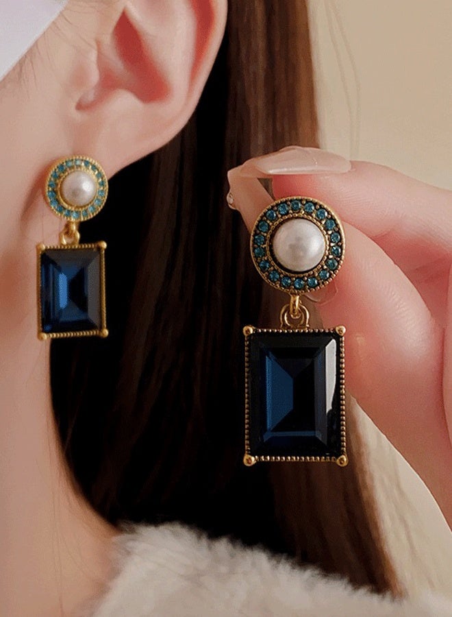 Gold Plated Blue Sapphire Zircon Pearl Drop Earrings for Women - Retro Palace Style Square Gem Ladies Stud Earrings - Image 2