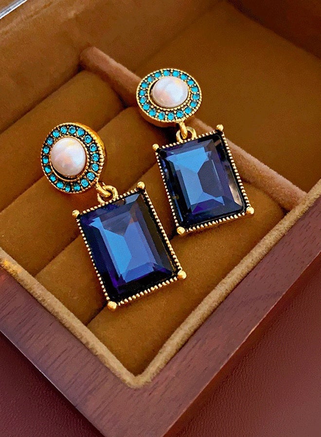 Gold Plated Blue Sapphire Zircon Pearl Drop Earrings for Women - Retro Palace Style Square Gem Ladies Stud Earrings - Image 3