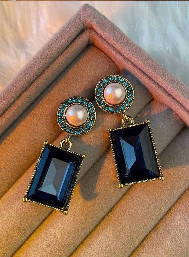 Gold Plated Blue Sapphire Zircon Pearl Drop Earrings for Women - Retro Palace Style Square Gem Ladies Stud Earrings - Image 4