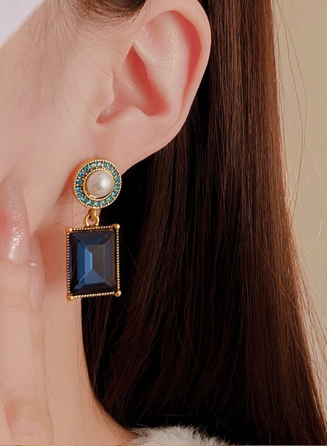 Gold Plated Blue Sapphire Zircon Pearl Drop Earrings for Women - Retro Palace Style Square Gem Ladies Stud Earrings - Image 5