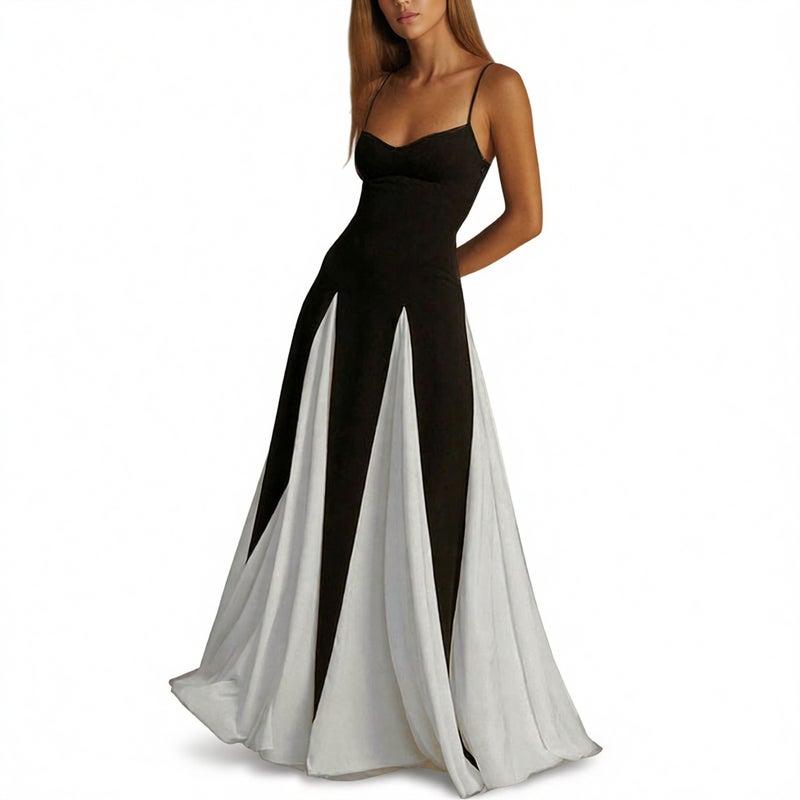 Women's Contrast Round Neck Casual Waist Flared Dress - Image 1