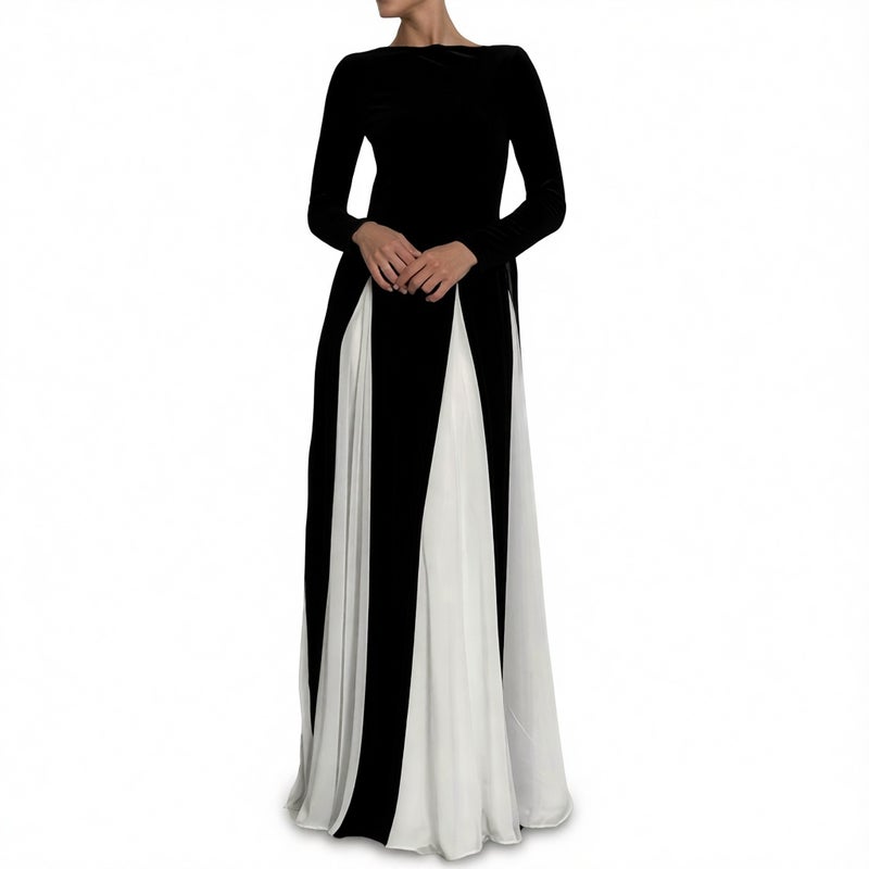 Women's Contrast Round Neck Casual Waist Flared Dress - Image 4