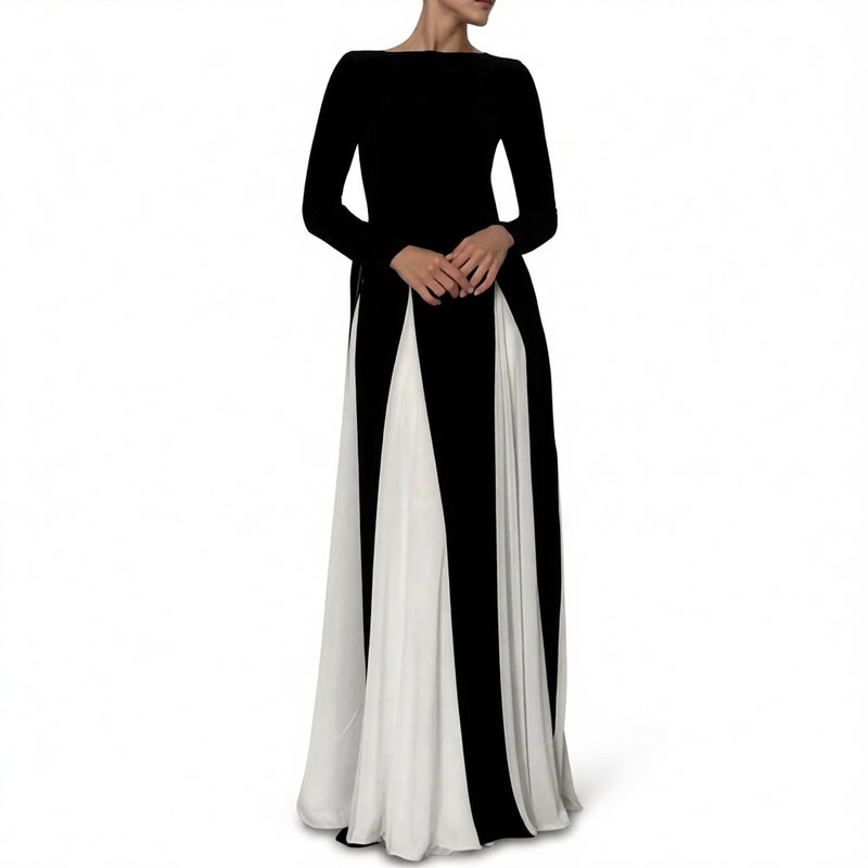 Women's Contrast Round Neck Casual Waist Flared Dress - Image 2