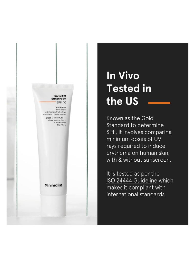 منيماليست واقي شمسي غير مرئي بسيط للبشرة الدهنية|عامل حماية من الشمس SPF 40 Pa+++|تم اختباره سريريًا في الولايات المتحدة الأمريكية (في الجسم الحي)|مقاوم للماء ومقاوم للعرق|للنساء والرجال|50 جم، عدد واحد  - Image 3