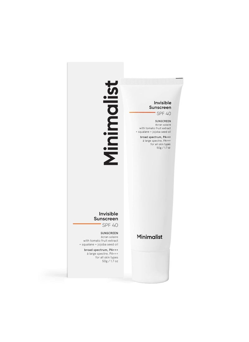 منيماليست واقي شمسي غير مرئي بسيط للبشرة الدهنية|عامل حماية من الشمس SPF 40 Pa+++|تم اختباره سريريًا في الولايات المتحدة الأمريكية (في الجسم الحي)|مقاوم للماء ومقاوم للعرق|للنساء والرجال|50 جم، عدد واحد  - Image 1