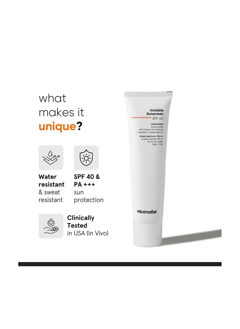 منيماليست واقي شمسي غير مرئي بسيط للبشرة الدهنية|عامل حماية من الشمس SPF 40 Pa+++|تم اختباره سريريًا في الولايات المتحدة الأمريكية (في الجسم الحي)|مقاوم للماء ومقاوم للعرق|للنساء والرجال|50 جم، عدد واحد  - Image 2