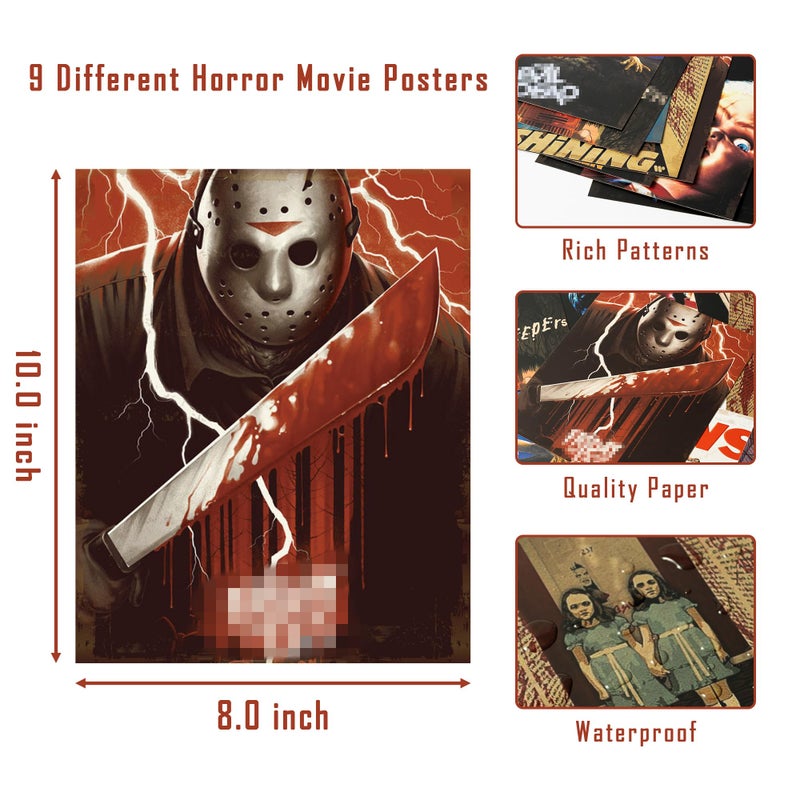 Eartim 9Pcs Horror Classic Movie Characters Poster Set, Vintage Wall Art Prints Scary Movie Character Printing Poster for Halloween Party Haunted House Home Living Room Bedroom Office Decor - Image 2