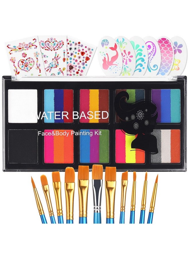 MARBUROLY 26 Colors Rainbow Face Painting Kit For Kids Adults - 8 Split Cake, 2 Extra Black & White, 11 Paint Brushes, 3 Gem Sheet, 6 Reuable Stencils, Professional Body Paint Kit For Halloween, Party, Cosplay - Image 1