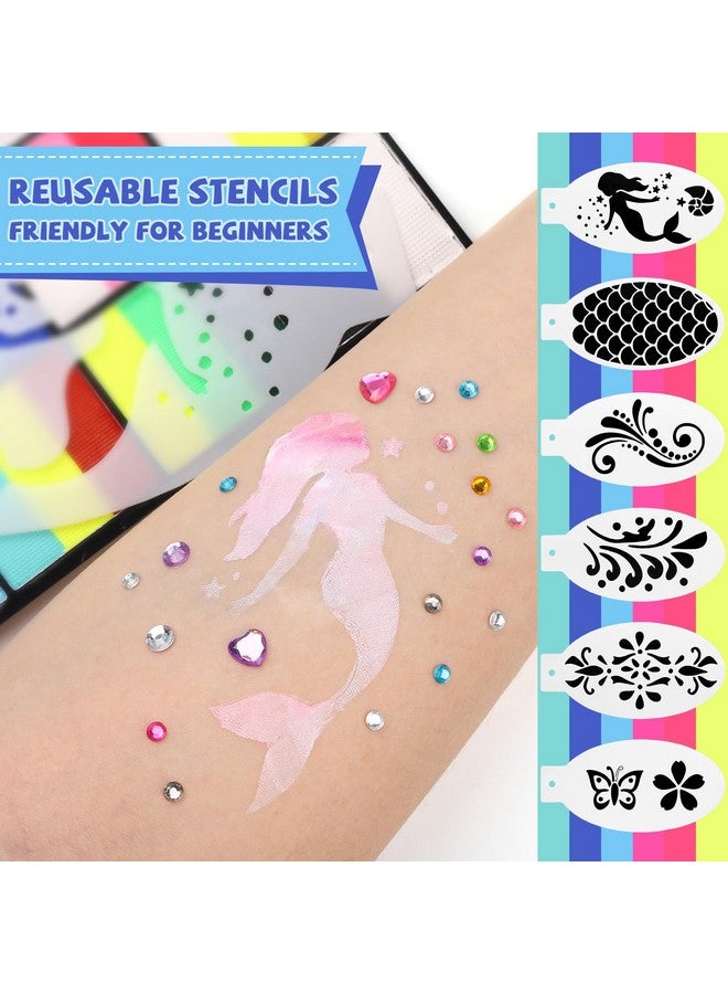 MARBUROLY 26 Colors Rainbow Face Painting Kit For Kids Adults - 8 Split Cake, 2 Extra Black & White, 11 Paint Brushes, 3 Gem Sheet, 6 Reuable Stencils, Professional Body Paint Kit For Halloween, Party, Cosplay - Image 3