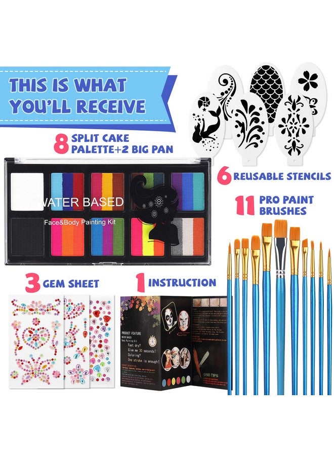 MARBUROLY 26 Colors Rainbow Face Painting Kit For Kids Adults - 8 Split Cake, 2 Extra Black & White, 11 Paint Brushes, 3 Gem Sheet, 6 Reuable Stencils, Professional Body Paint Kit For Halloween, Party, Cosplay - Image 2