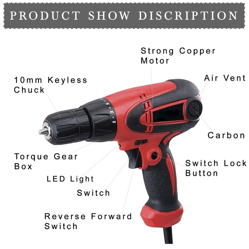 MLD نظام ضبط عزم الدوران MLD مفك كهربائي مع آلة حفر 10 مم مفك حفر مسدس براغي مزود بسلك مع 3 قطع بت PH2 KM10310 مم 350 واط 750 دورة في الدقيقة 230 فولت متعدد الألوان بلاستيك - Image 2