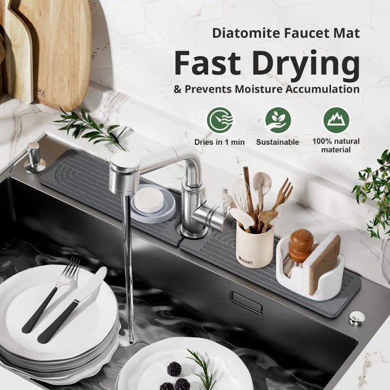 Slow Slog Faucet Mat for Kitchen Sink - 15.8" Quick Drying Sink Splash Guard - Water Absorbent Diatomaceous Tray Mats for Bathroom - Dark Gray - Image 3