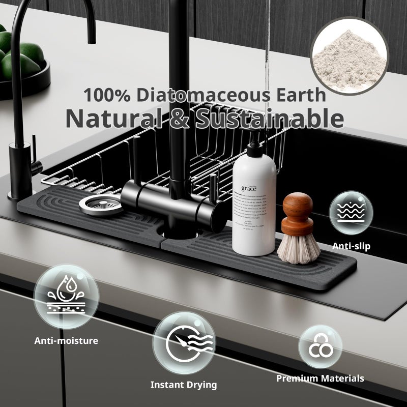 Slow Slog Faucet Mat for Kitchen Sink - 15.8" Quick Drying Sink Splash Guard - Water Absorbent Diatomaceous Tray Mats for Bathroom - Dark Gray - Image 4