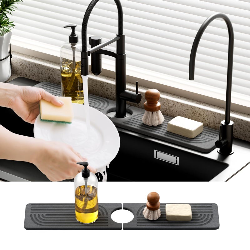 Slow Slog Faucet Mat for Kitchen Sink - 15.8" Quick Drying Sink Splash Guard - Water Absorbent Diatomaceous Tray Mats for Bathroom - Dark Gray - Image 1