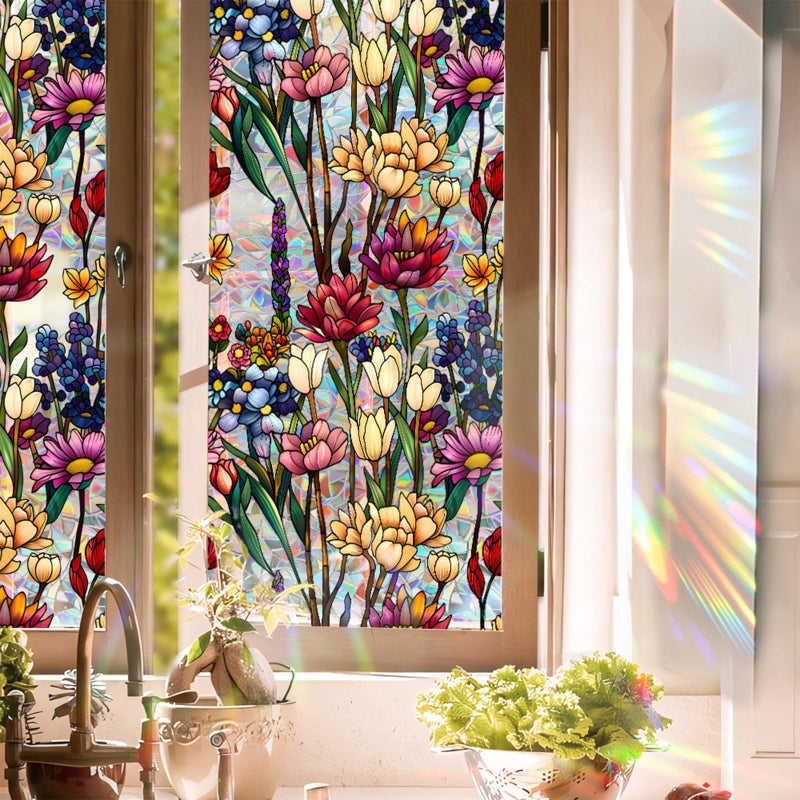 Aomkmi Stained Glass Window Film UV Resistant Window Privacy Film Colorful Flowers Privacy Rainbow Decals Living Room Bedroom Sun Blocking Decor Removable Static Cling Stickers 17 x 39.37 Inch - Image 1