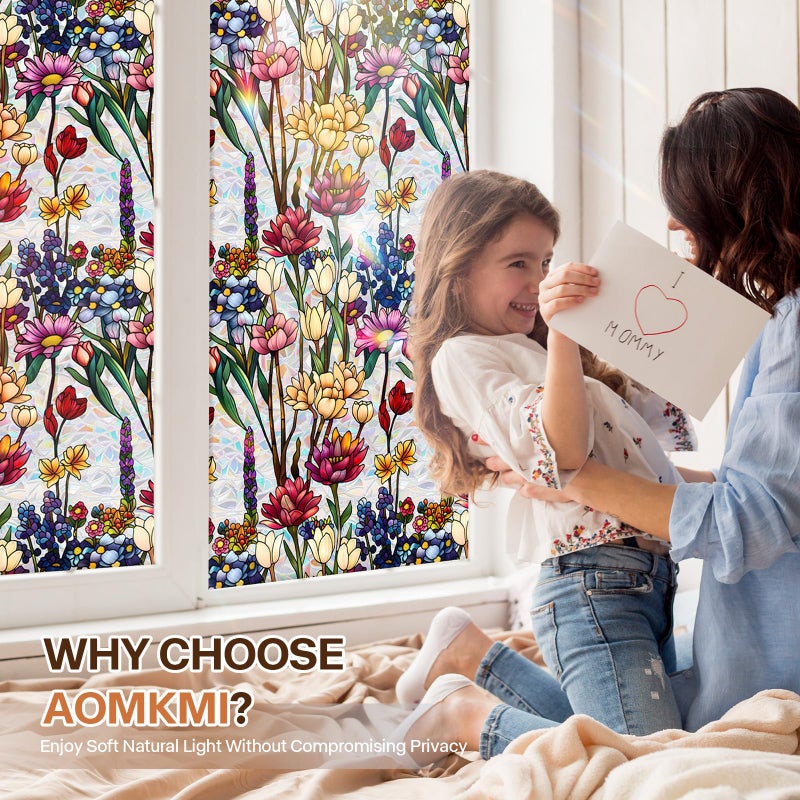 Aomkmi Stained Glass Window Film UV Resistant Window Privacy Film Colorful Flowers Privacy Rainbow Decals Living Room Bedroom Sun Blocking Decor Removable Static Cling Stickers 17 x 39.37 Inch - Image 3