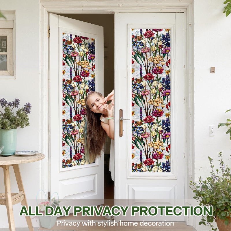 Aomkmi Stained Glass Window Film UV Resistant Window Privacy Film Colorful Flowers Privacy Rainbow Decals Living Room Bedroom Sun Blocking Decor Removable Static Cling Stickers 17 x 39.37 Inch - Image 4