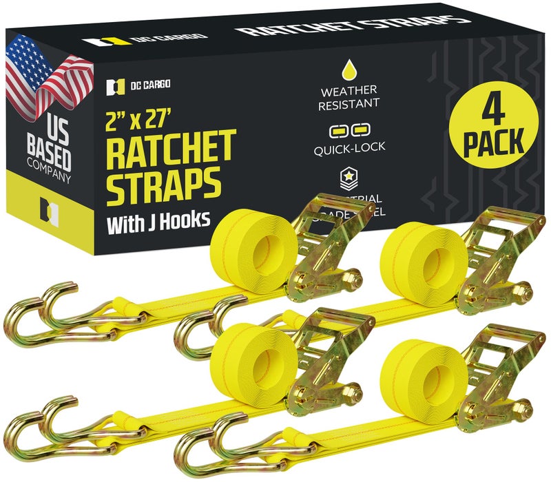 DC Cargo Mall Heavy Duty Ratchet Tie Down Straps 4 Pack 2 x 27 with Double J Hooks 10000 lbs Break Strength - Image 3