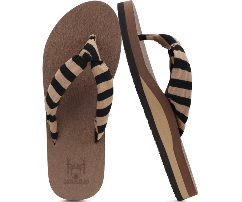 KuaiLu Flip Flops Women Arch Support Yoga Mat Comfortable Summer Beach Walking Thong Cushion Sandals Slip on Pool Outfits Travel Essentials Orthotic Slides Indoor Outdoor Slippers Shoes Brown Size 8 - Image 1