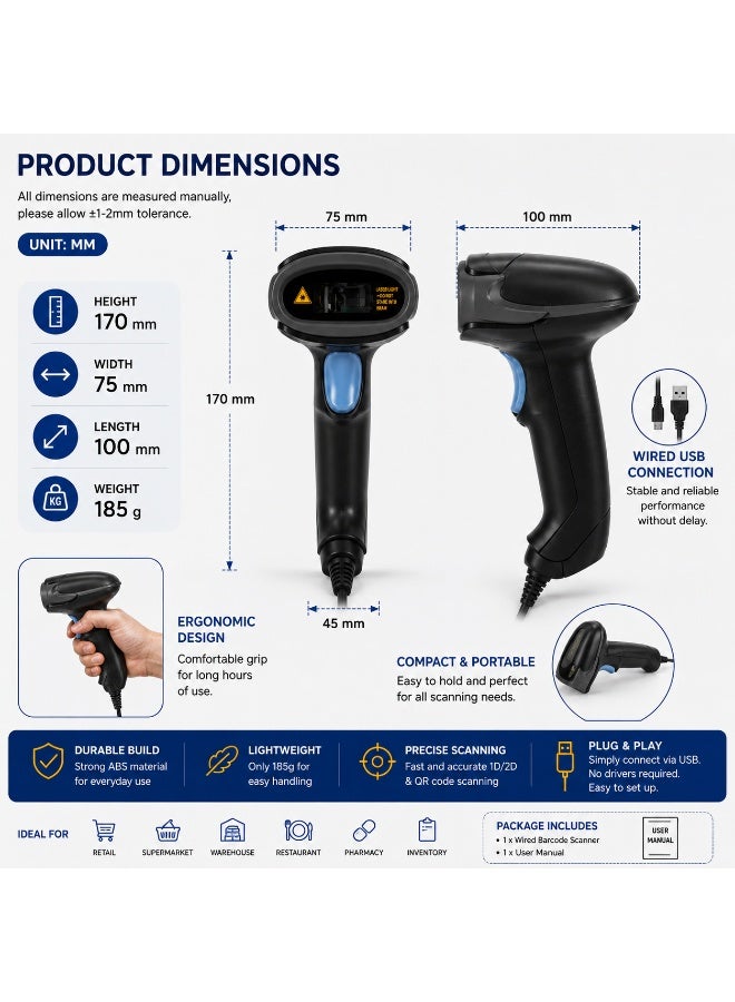BASEET Professional Wired QR Barcode Scanner with Stand & USB Plug-and-Play for Retail POS, Inventory & Warehouse Use BAS-S014P - Image 2