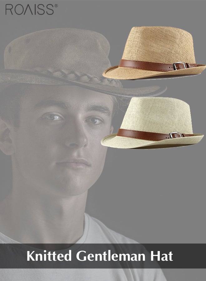 roaiss 2-Piece Straw Woven Gentlemen's Hat Pu Leather Decorative Sunshade Retro Jazz Hat Summer Comfortable And Breathable Fashion Hat  - Image 1