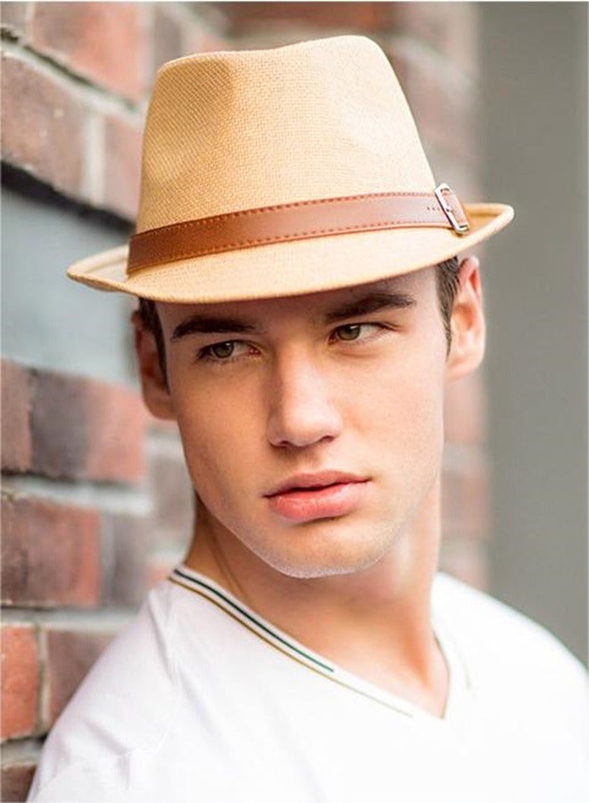 roaiss 2-Piece Straw Woven Gentlemen's Hat Pu Leather Decorative Sunshade Retro Jazz Hat Summer Comfortable And Breathable Fashion Hat  - Image 2
