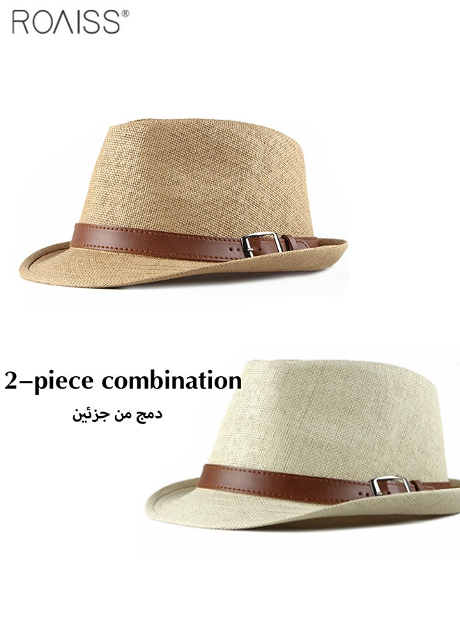 roaiss 2-Piece Straw Woven Gentlemen's Hat Pu Leather Decorative Sunshade Retro Jazz Hat Summer Comfortable And Breathable Fashion Hat  - Image 4