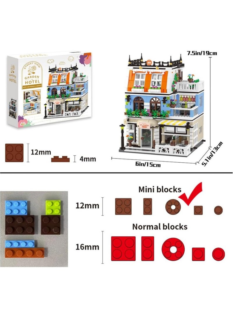عام “مجموعة بلوكات فندق حديقة المدينة، لعبة بناء منزل شارع المدينة مع بطاريات LED، 1300 بلوك مصغر” - Image 5
