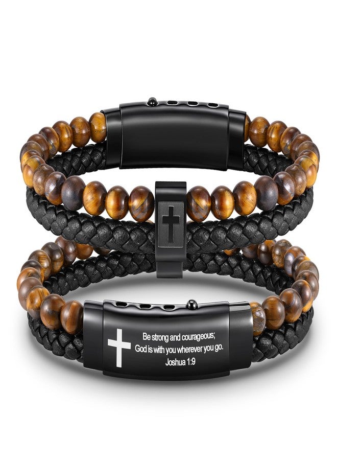 FLHEART Men's Christian Cross Black Leather Bracelet Gifts for Men, Double-Row Braided Leather Cross Bracelet Bible Verse Agate Onyx Beaded Bangle Gifts for Son Grandson Husband Boyfriend Brother - Image 1