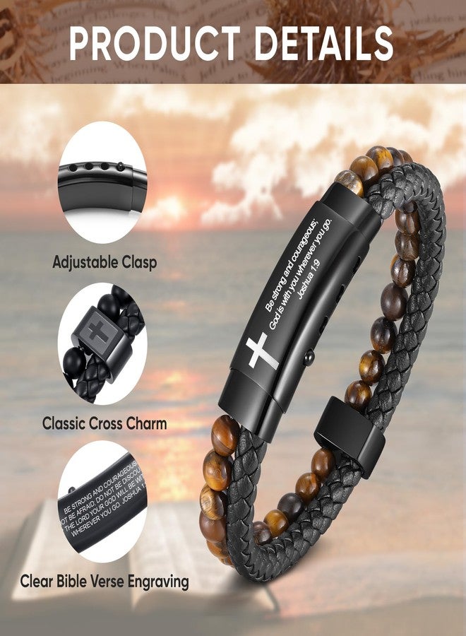 FLHEART Men's Christian Cross Black Leather Bracelet Gifts for Men, Double-Row Braided Leather Cross Bracelet Bible Verse Agate Onyx Beaded Bangle Gifts for Son Grandson Husband Boyfriend Brother - Image 5