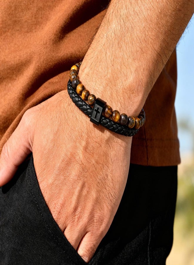 FLHEART Men's Christian Cross Black Leather Bracelet Gifts for Men, Double-Row Braided Leather Cross Bracelet Bible Verse Agate Onyx Beaded Bangle Gifts for Son Grandson Husband Boyfriend Brother - Image 3