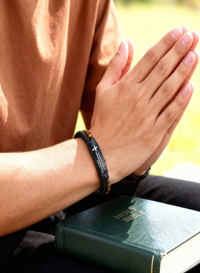 FLHEART Men's Christian Cross Black Leather Bracelet Gifts for Men, Double-Row Braided Leather Cross Bracelet Bible Verse Agate Onyx Beaded Bangle Gifts for Son Grandson Husband Boyfriend Brother - Image 2