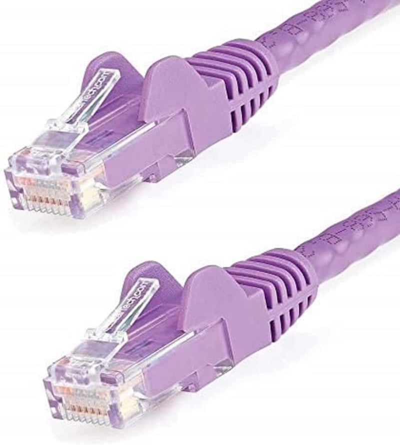 كابل إيثرنت .com من نوع CAT6 بطول 2 متر - بنفسجي، سرعة نقل بيانات 1 جيجابت، تردد 650 ميغاهرتز، قدرة تزويد طاقة 100 واط عبر تقنية PoE++، موصل RJ45 من نوع UTP، مزود بحماية ضد الخيوط المتشابكة، مصمم لتجنب التلف، مختبر من قبل شركة Fluke، ومعتمد وفقًا لمعايير UL/TIA (N6PATC2MPL).