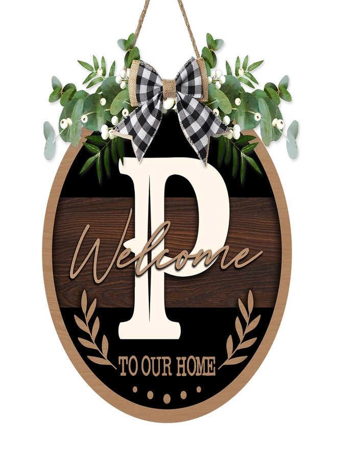 Bolisom Monogram Letter P Front Door Sign, Welcome to Our Home Family Last Name Initial Wooden Hanger Decor Housewarming Wedding Gifts, Farmhouse Rustic Wreath Indoor Wall Hanging Decoration with Bow - Image 1