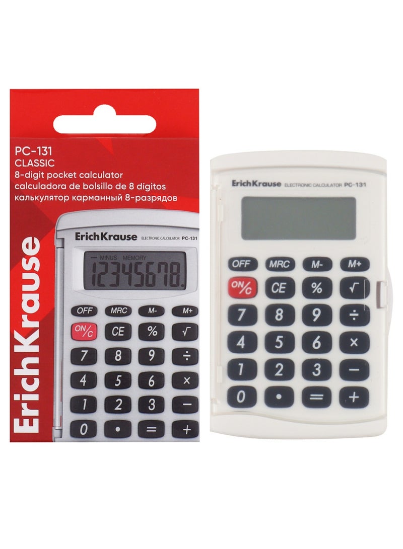 ErichKrause آلة حاسبة بحجم الجيب 8 أرقام مع غلاف بلاستيكي جسم أبيض - Image 1