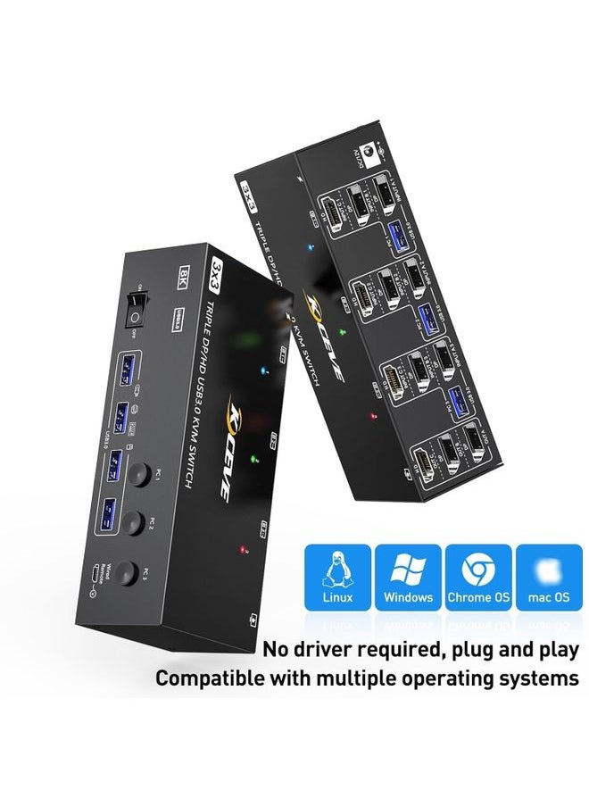 Generic - KC-KVM303DH 8K 60Hz USB3.0 DP+DP+HDMI Triple Monitors KVM Switch(EU Plug) - Image 1