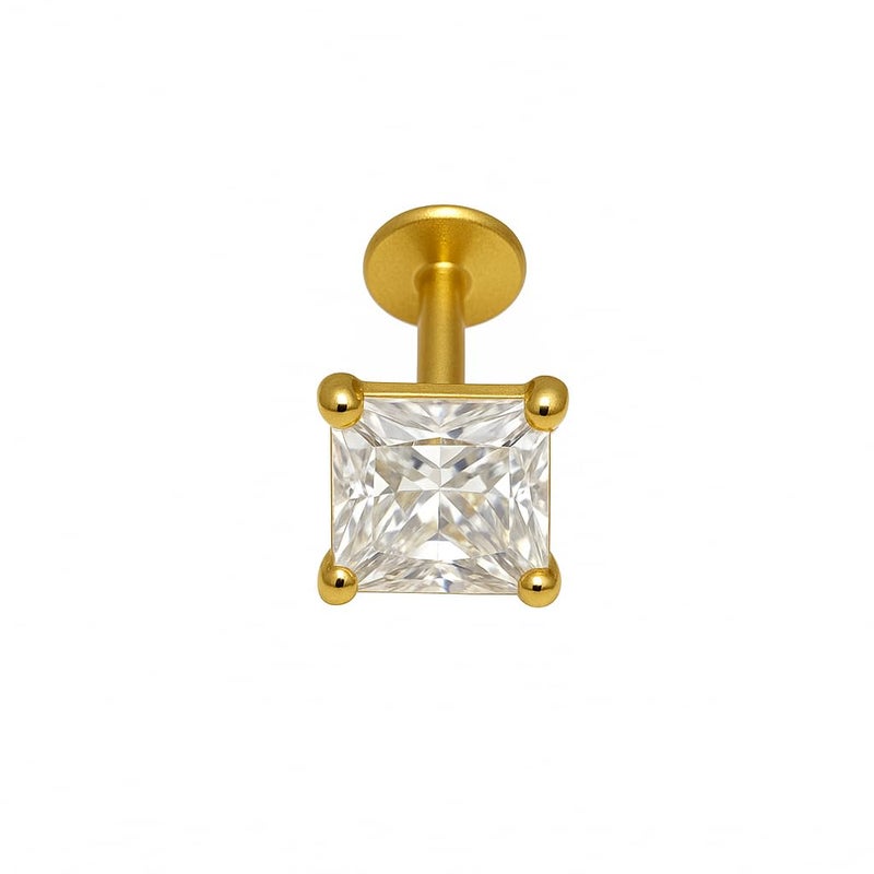 Hope Gems & Jewels Store ® دبوس أنف مربع الشكل من الذهب عيار 14 قيراط مع برغي، كريستال مقصوص على شكل أميرة - Image 1