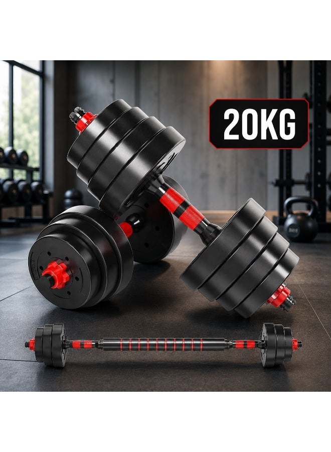 Canadel Adjustable Dumbbell & Barbell Set 20KG, Stainless Steel Handles with Deep Tread, PE Coated Weight Plates, Home Gym Strength Training Equipment with Connector Bar - Image 1