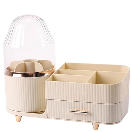 SIBY ABS Plastic Cosmetic Storage Box for Women's | 360° Rotating Makeup Brush Holder for Dressing Table | Vanity Makeup Organizer Box with Transparent Cap and Drawer (Cream) - Image 1