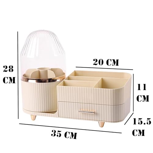 SIBY ABS Plastic Cosmetic Storage Box for Women's | 360° Rotating Makeup Brush Holder for Dressing Table | Vanity Makeup Organizer Box with Transparent Cap and Drawer (Cream) - Image 2