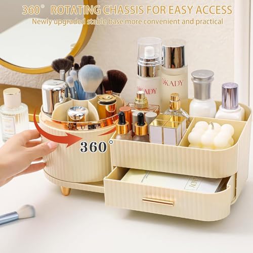 SIBY ABS Plastic Cosmetic Storage Box for Women's | 360° Rotating Makeup Brush Holder for Dressing Table | Vanity Makeup Organizer Box with Transparent Cap and Drawer (Cream) - Image 4
