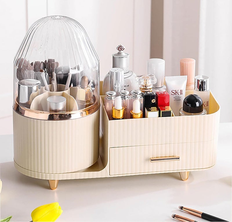 SIBY ABS Plastic Cosmetic Storage Box for Women's | 360° Rotating Makeup Brush Holder for Dressing Table | Vanity Makeup Organizer Box with Transparent Cap and Drawer (Cream) - Image 3