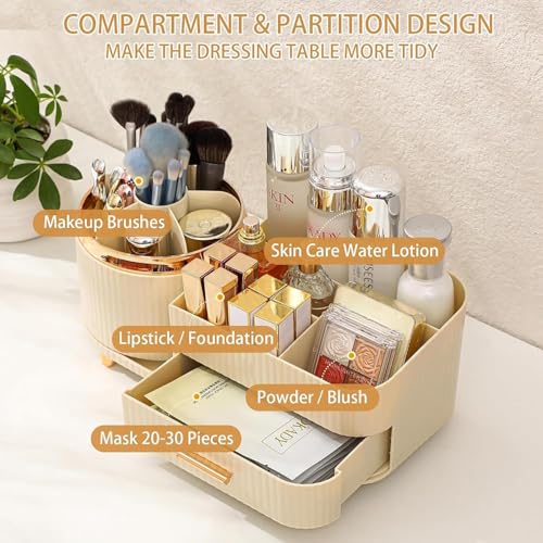SIBY ABS Plastic Cosmetic Storage Box for Women's | 360° Rotating Makeup Brush Holder for Dressing Table | Vanity Makeup Organizer Box with Transparent Cap and Drawer (Cream) - Image 5