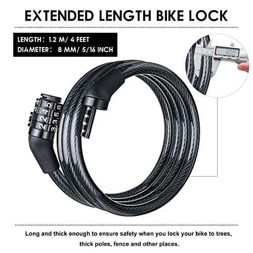 Hotop 10 Pcs Bike Lock Cable with Combination, 4 Feet Coiled Preset Bike Lock High Security 4 Digit Bicycle Lock Anti Theft Bike Accessories Black Bike Cable Locks, 5/6 Inch Diameter - Image 2