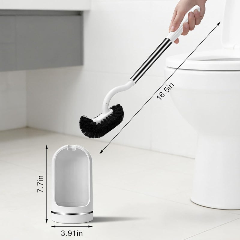 AONEZ Toilet Brush and Holder Set, Curved Toilet Brush with Stainless Steel Handle, Under Rim Toilet Bowl Brush for Deep Cleaning, Drip-Proof, White - Image 2