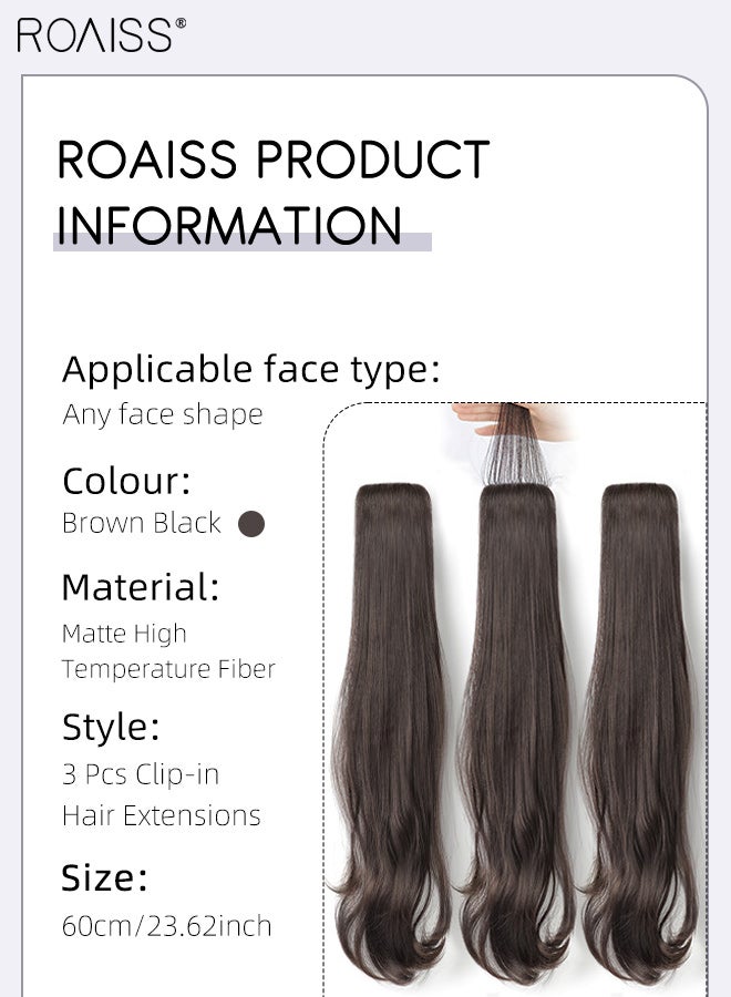 رويس 3 قطع من وصلات الشعر، حواف غير مرئية قابلة للتعديل، شعر صناعي طويل مجعد مقاوم للحرارة للنساء والفتيات، بني أسود، 60 سم (23.62 بوصة) - Image 5
