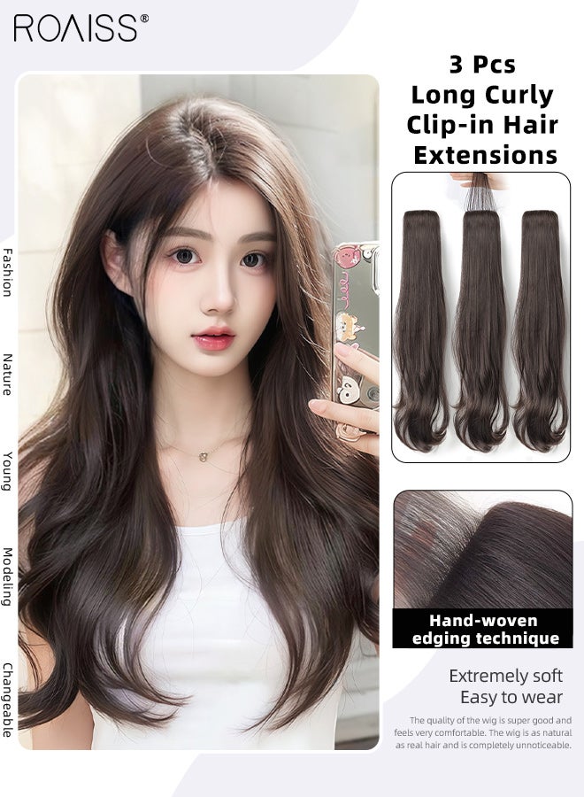 رويس 3 قطع من وصلات الشعر، حواف غير مرئية قابلة للتعديل، شعر صناعي طويل مجعد مقاوم للحرارة للنساء والفتيات، بني أسود، 60 سم (23.62 بوصة) - Image 1