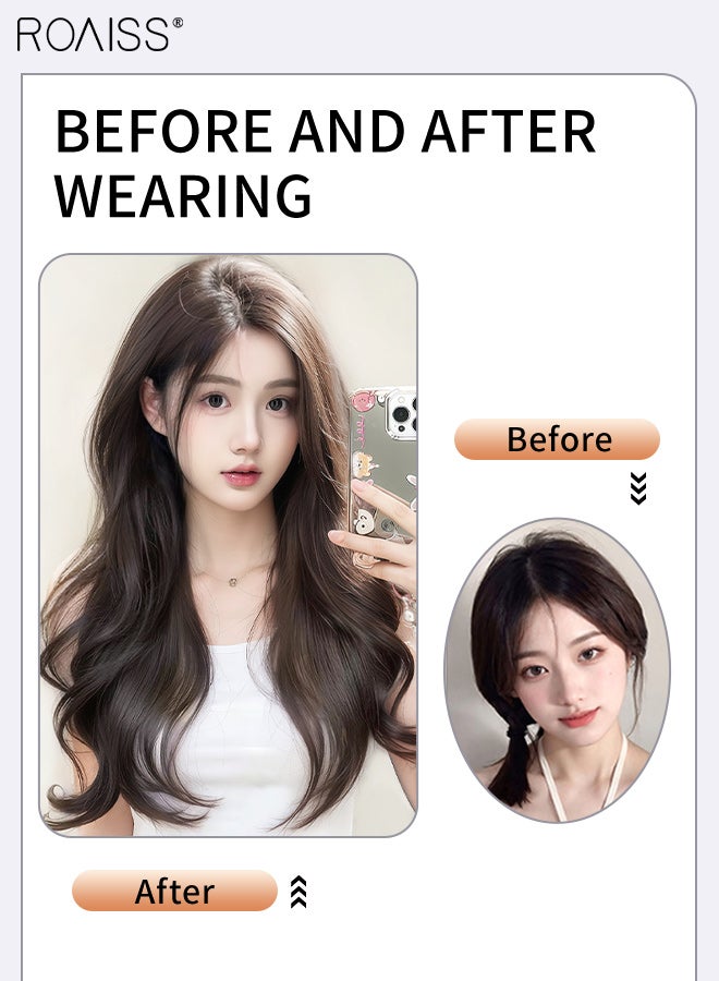 رويس 3 قطع من وصلات الشعر، حواف غير مرئية قابلة للتعديل، شعر صناعي طويل مجعد مقاوم للحرارة للنساء والفتيات، بني أسود، 60 سم (23.62 بوصة) - Image 4